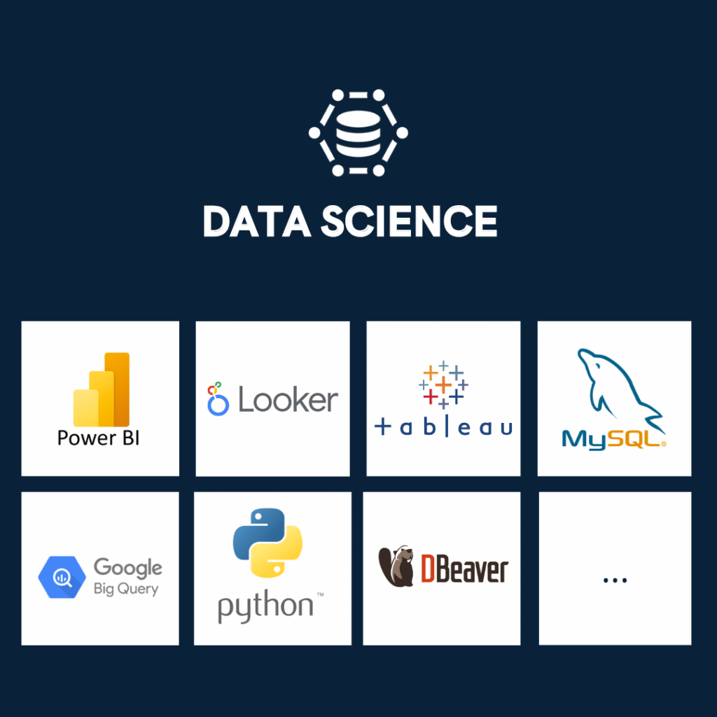 Ícones de ferramentas populares de Data Science como Python, R, Jupyter e Tableau