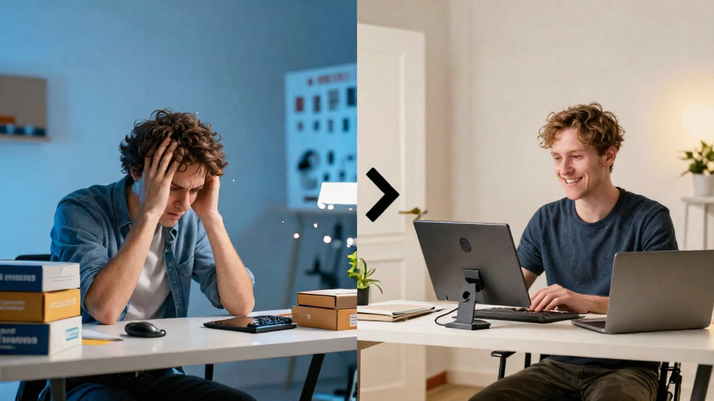 Profissional tech frustrado com sobrecarga de cursos online vs sorrindo em mentoria 1:1 online no laptop, ilustrando transformação de conhecimento em renda