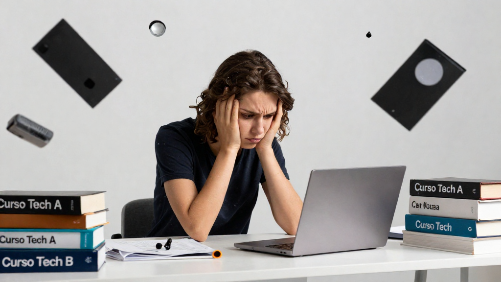 Pessoa frustrada com cabeça nas mãos olhando para laptop em escrivaninha bagunçada com pilhas de caixas de cursos online, ilustrando sobrecarga de informação e desânimo no aprendizado digital